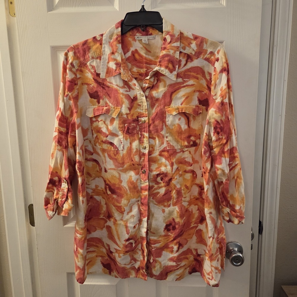JM Collection Woman sz 20W 100% linen button up tunic colorful floral garden